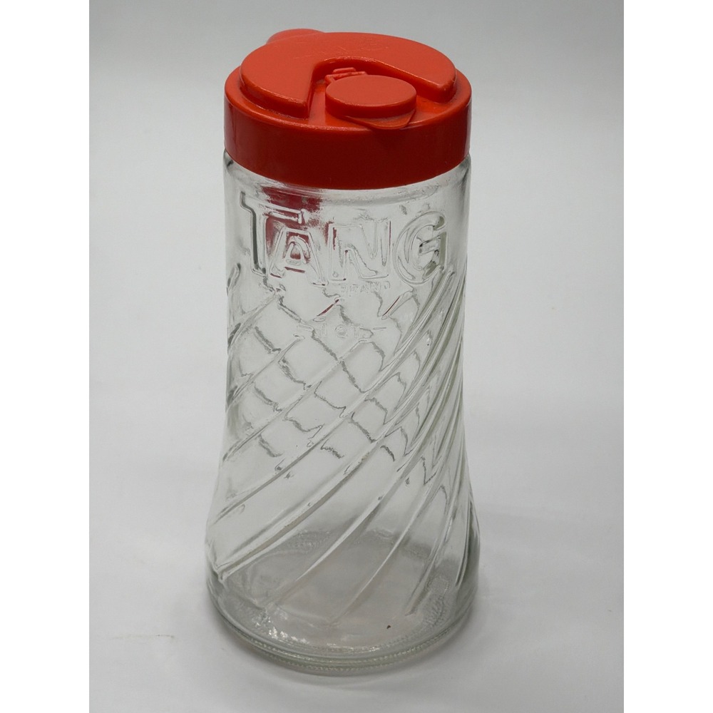 Vintage‎ Tang Glass Pitcher Orange Flip Top Lid Swirl Design Embossed Logo Retro